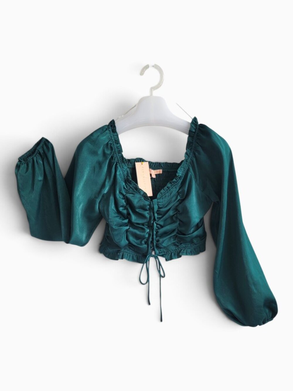 NWT Evolutionary Teal Satin Ruched Crop Top M Puff Sleeve Coquette Going Out